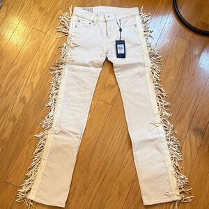 Polo Ralph Lauren RARE Leather Fringe Jeans | Cream / Off-white | Size 23